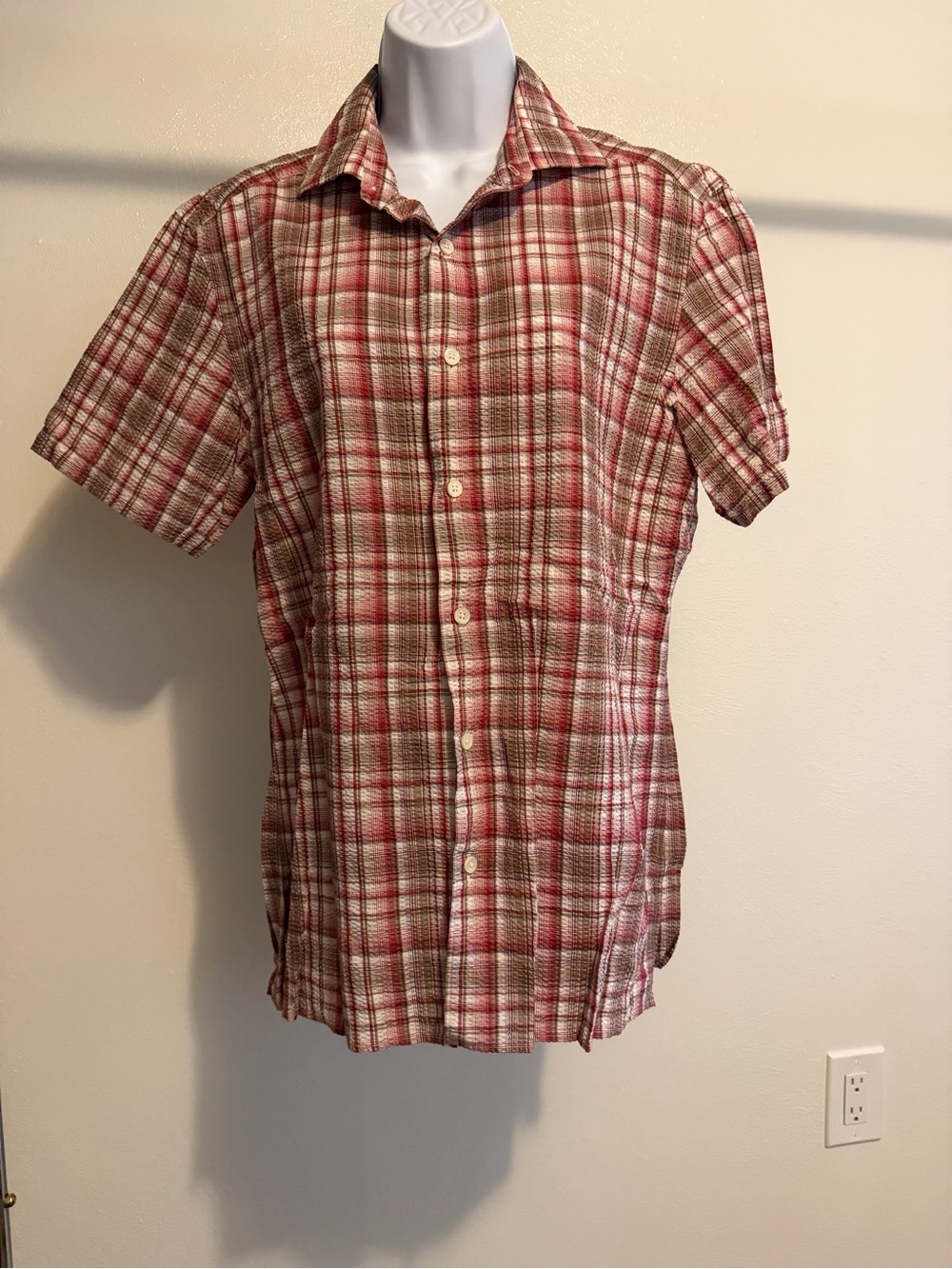 Ermenegildo Zegna Red and White Plaid Short Sleeve Button-Down Shirt
